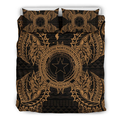 Polynesian Bedding Set - Northern Mariana Islands Duvet Cover Set Map Gold