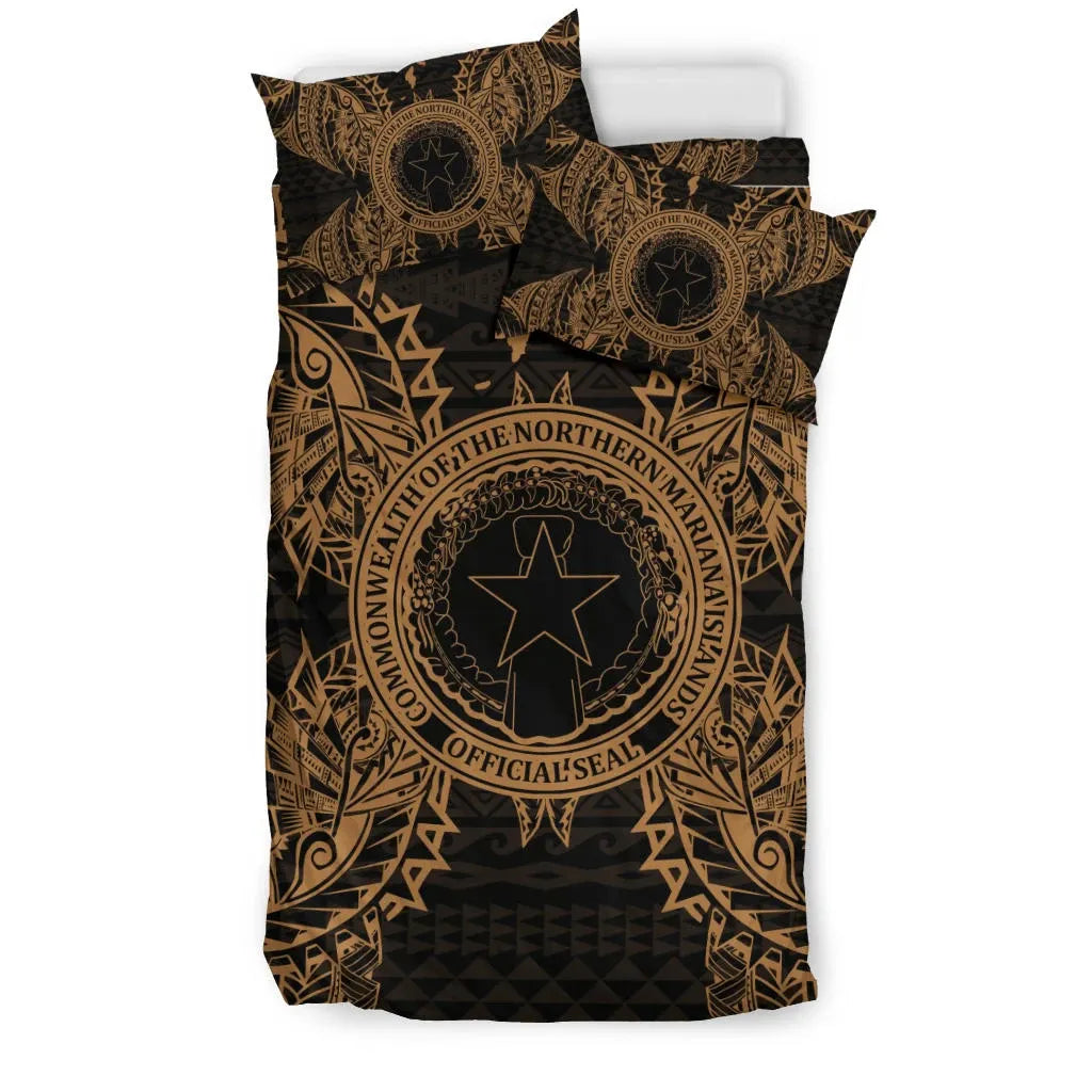 Polynesian Bedding Set - Northern Mariana Islands Duvet Cover Set Map Gold