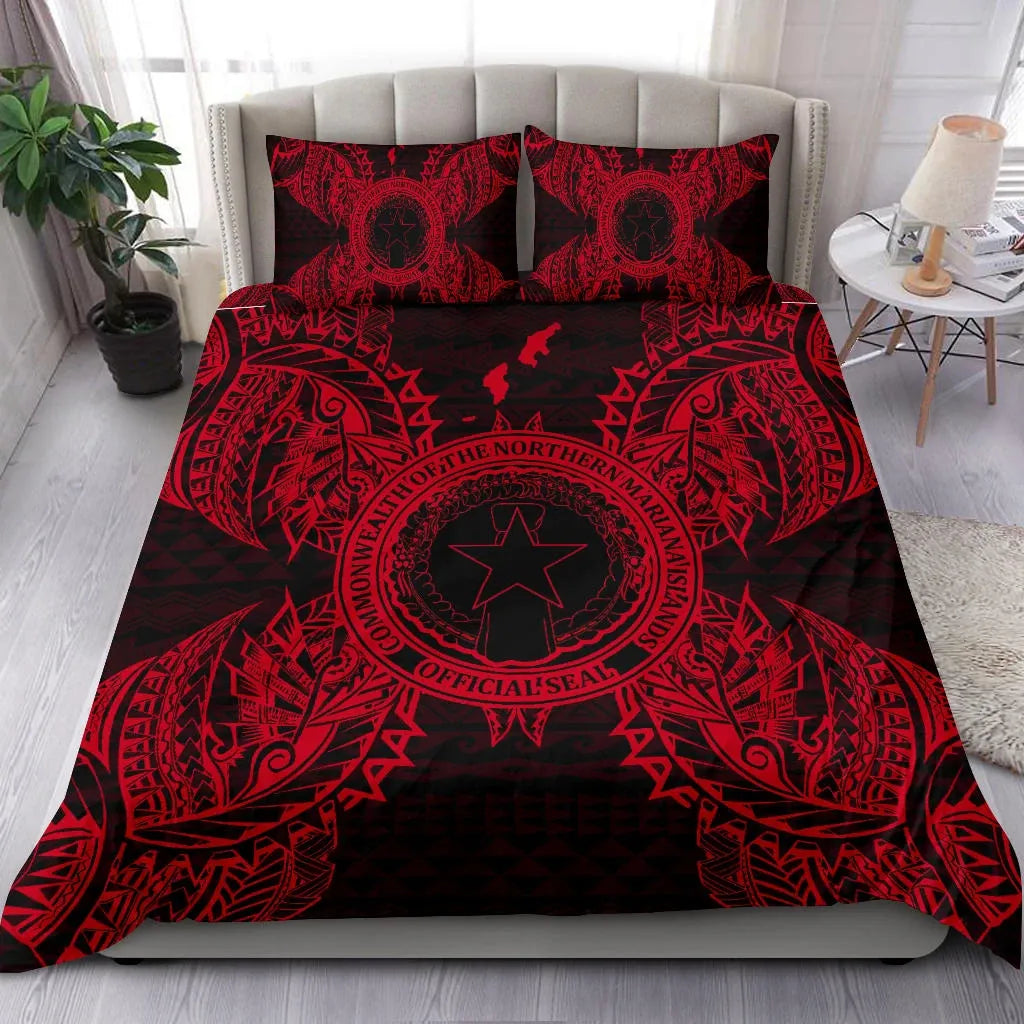 Polynesian Bedding Set - Northern Mariana Islands Duvet Cover Set Map Red
