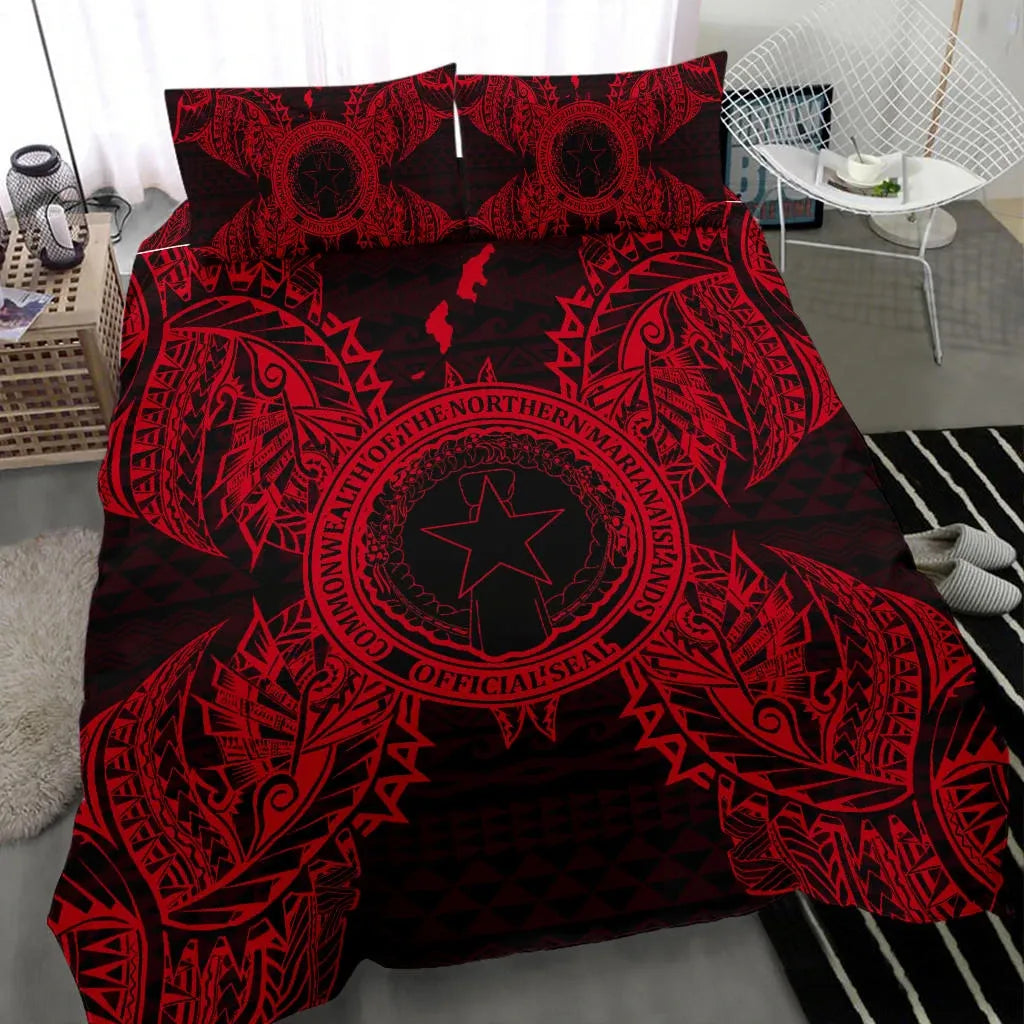 Polynesian Bedding Set - Northern Mariana Islands Duvet Cover Set Map Red
