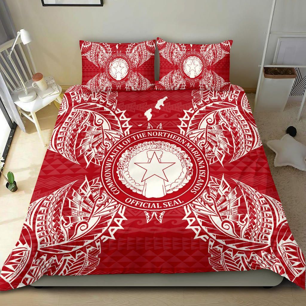 Polynesian Bedding Set - Northern Mariana Islands Duvet Cover Set Map Red White
