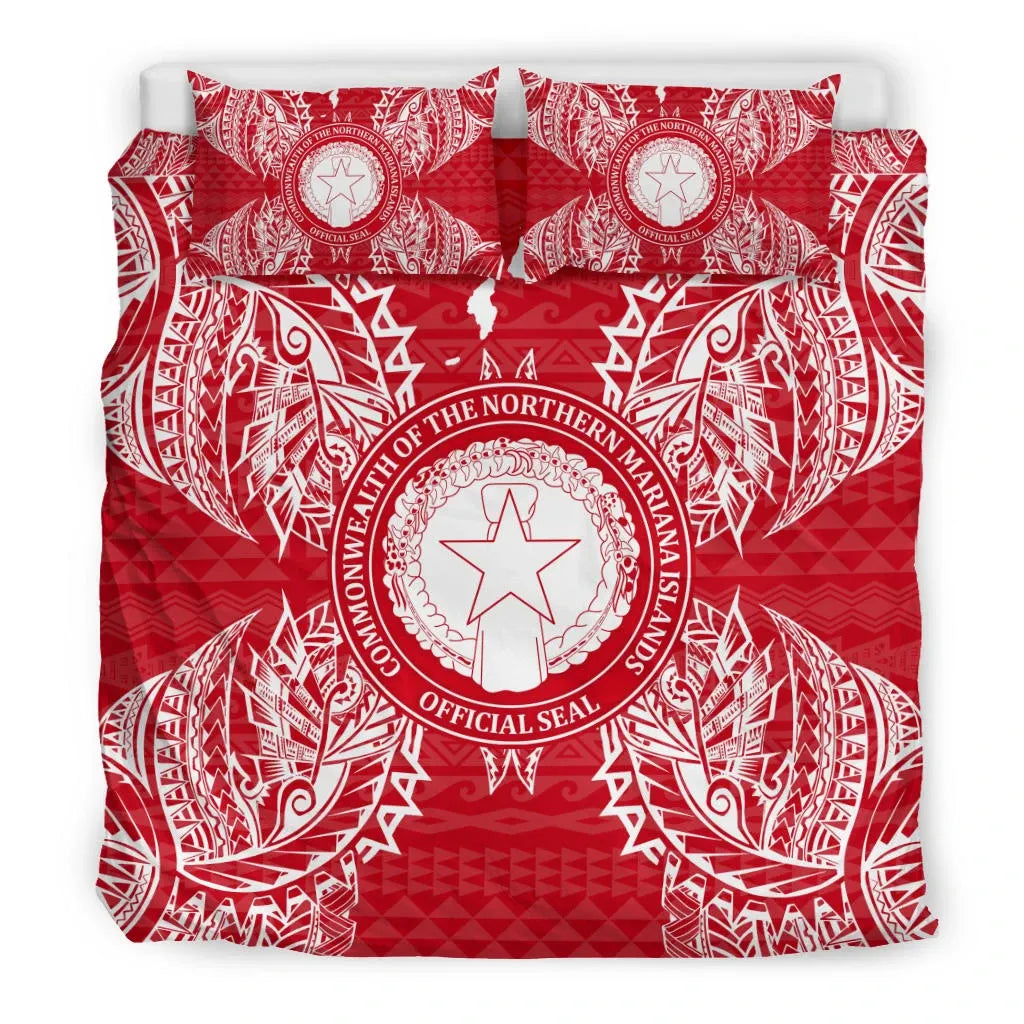 Polynesian Bedding Set - Northern Mariana Islands Duvet Cover Set Map Red White