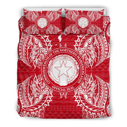 Polynesian Bedding Set - Northern Mariana Islands Duvet Cover Set Map Red White