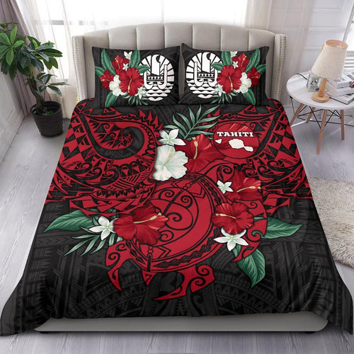 Polynesian Bedding Set- Tahiti Duvet Cover - Hibiscus And Sea Turtle (Red)