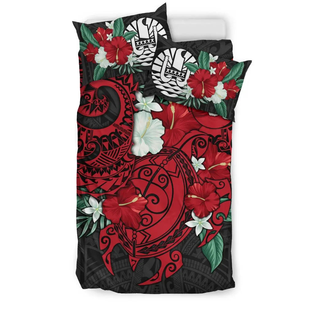 Polynesian Bedding Set- Tahiti Duvet Cover - Hibiscus And Sea Turtle (Red)
