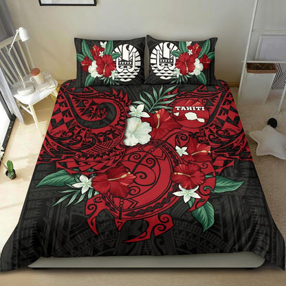 Polynesian Bedding Set- Tahiti Duvet Cover - Hibiscus And Sea Turtle (Red)