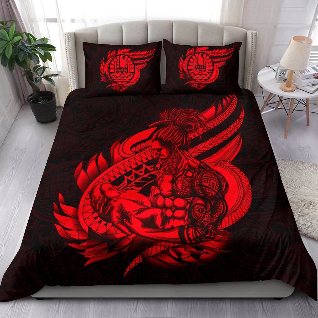 Polynesian Bedding Set - Tahiti Duvet Cover Set Father And Son Red