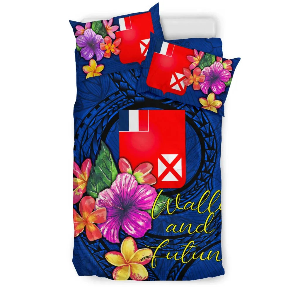 Polynesian Bedding Set - Wallis And Futuna Duvet Cover Set Floral With Seal Blue