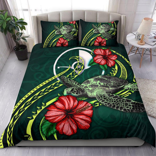 Polynesian Bedding Set - Yap Micronesia Duvet Cover Set Green Turtle Hibiscus