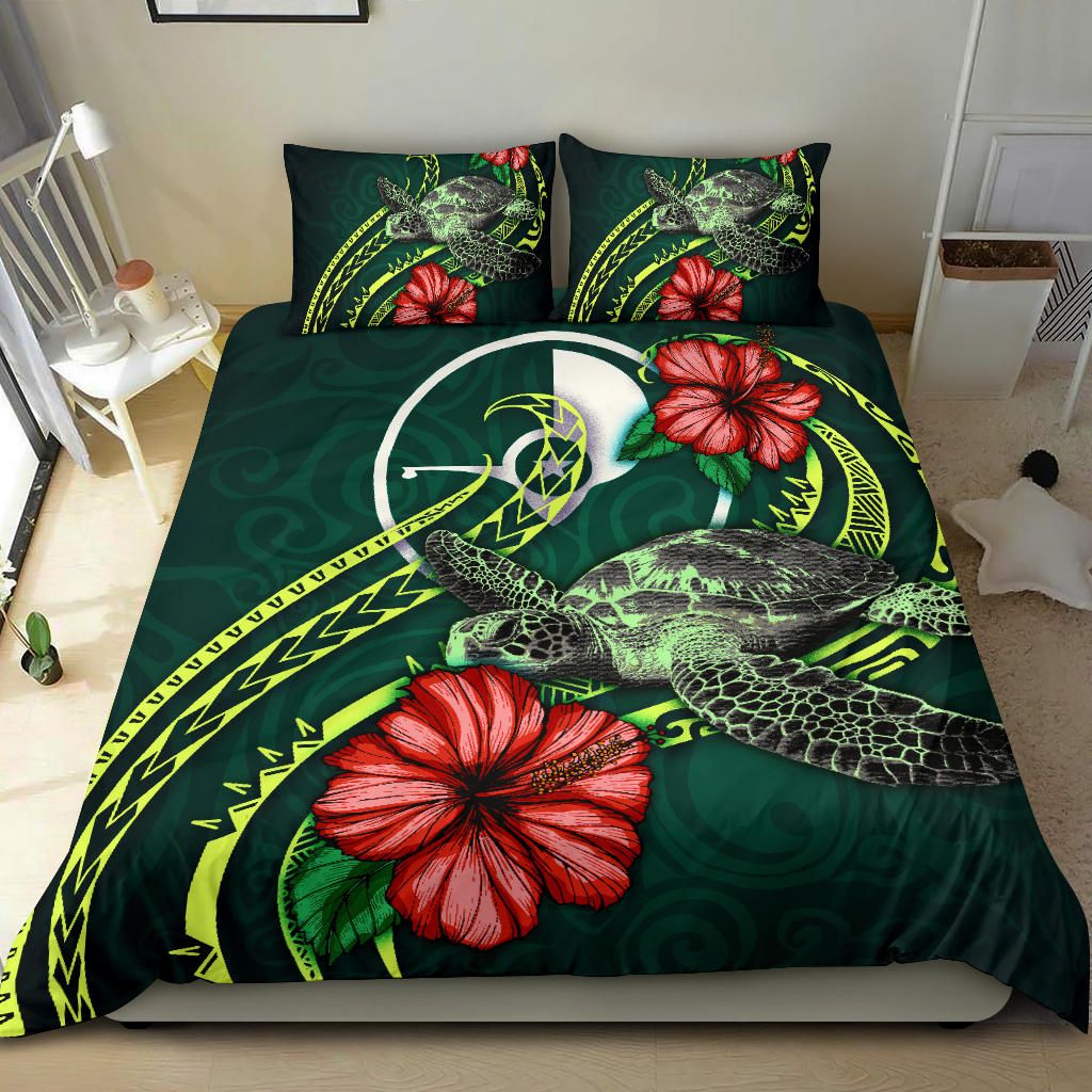 Polynesian Bedding Set - Yap Micronesia Duvet Cover Set Green Turtle Hibiscus