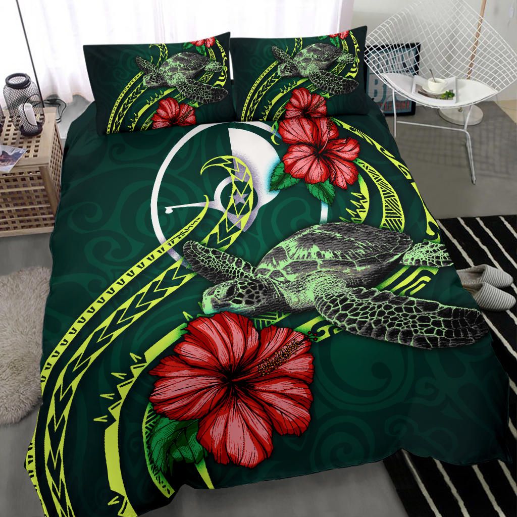 Polynesian Bedding Set - Yap Micronesia Duvet Cover Set Green Turtle Hibiscus