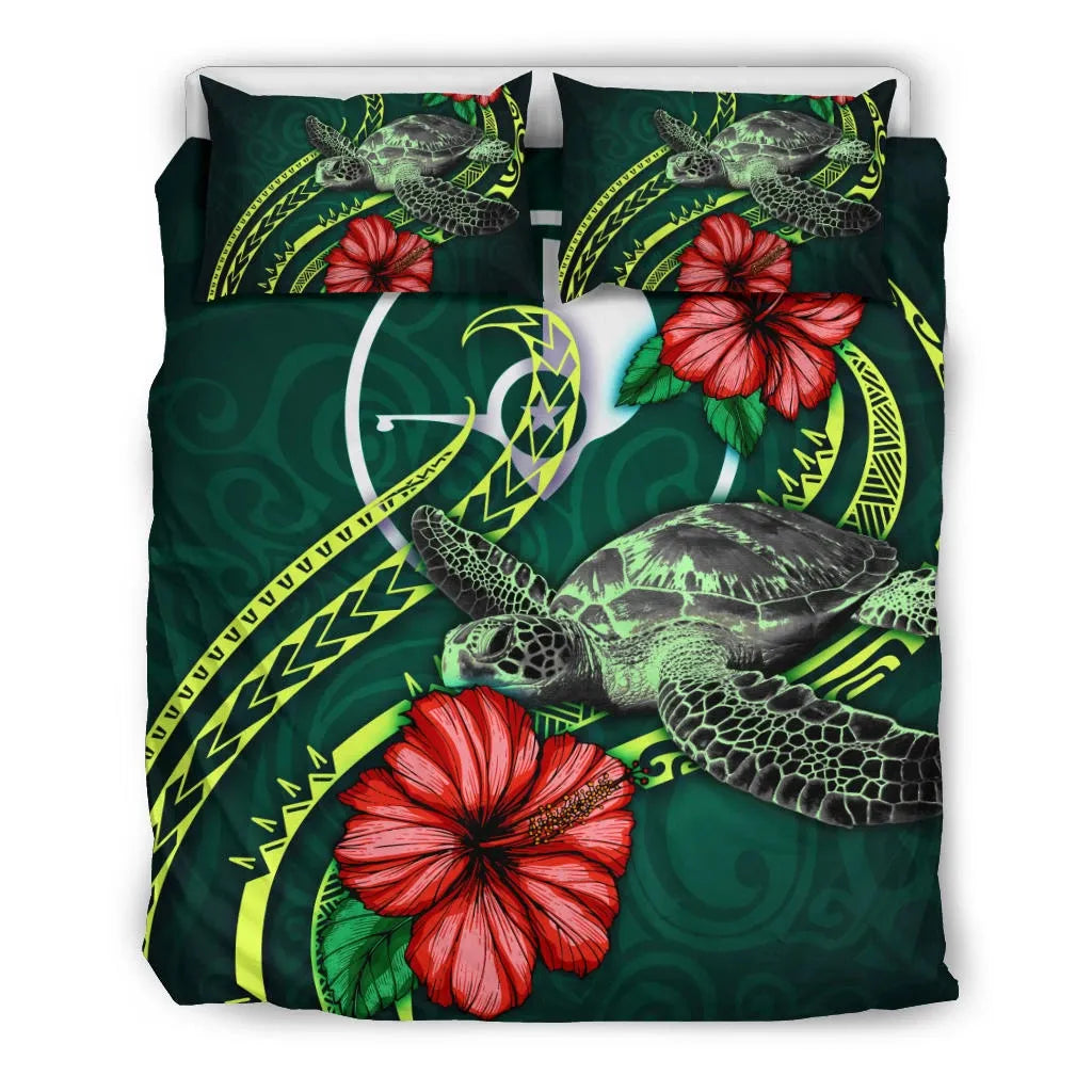 Polynesian Bedding Set - Yap Micronesia Duvet Cover Set Green Turtle Hibiscus