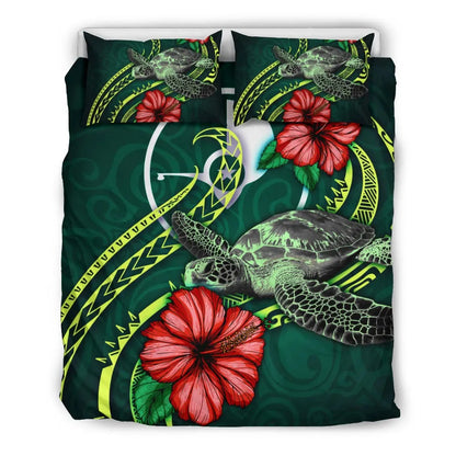 Polynesian Bedding Set - Yap Micronesia Duvet Cover Set Green Turtle Hibiscus