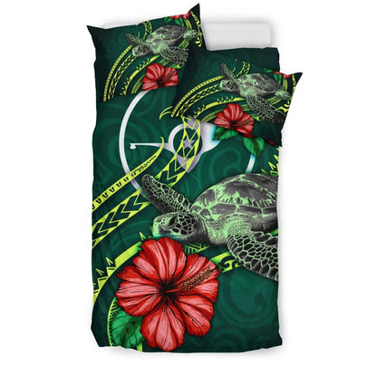 Polynesian Bedding Set - Yap Micronesia Duvet Cover Set Green Turtle Hibiscus