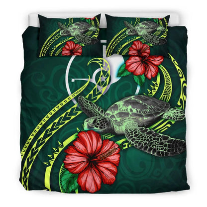 Polynesian Bedding Set - Yap Micronesia Duvet Cover Set Green Turtle Hibiscus