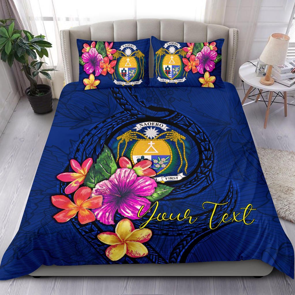 Polynesian Custom Personalised Bedding Set - Nauru Duvet Cover Set Floral With Seal Blue