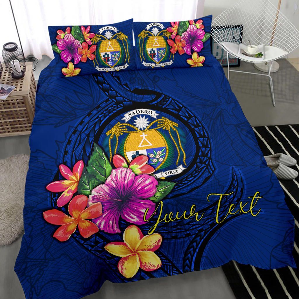 Polynesian Custom Personalised Bedding Set - Nauru Duvet Cover Set Floral With Seal Blue