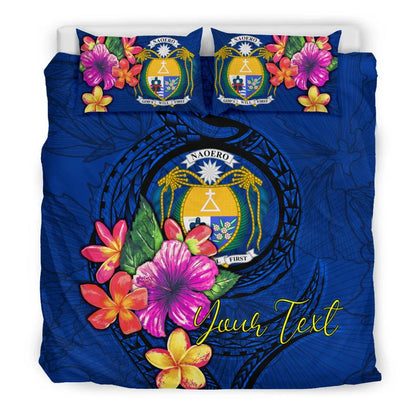 Polynesian Custom Personalised Bedding Set - Nauru Duvet Cover Set Floral With Seal Blue