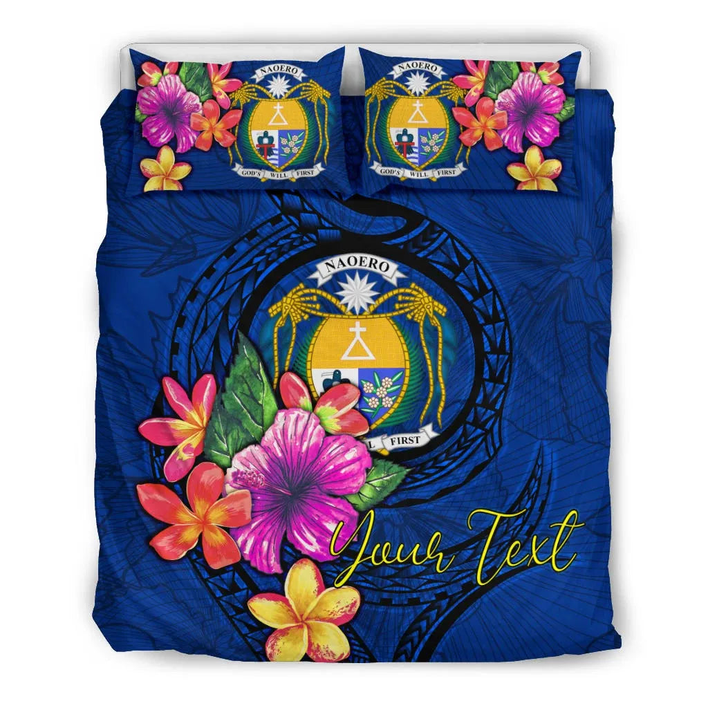 Polynesian Custom Personalised Bedding Set - Nauru Duvet Cover Set Floral With Seal Blue
