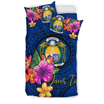 Polynesian Custom Personalised Bedding Set - Nauru Duvet Cover Set Floral With Seal Blue
