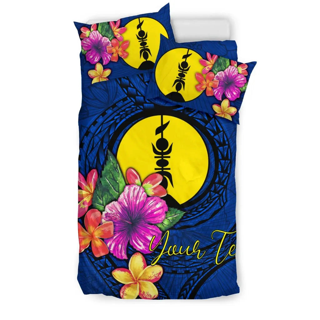 Polynesian Custom Personalised Bedding Set - New Caledonia Duvet Cover Set Floral With Seal Blue