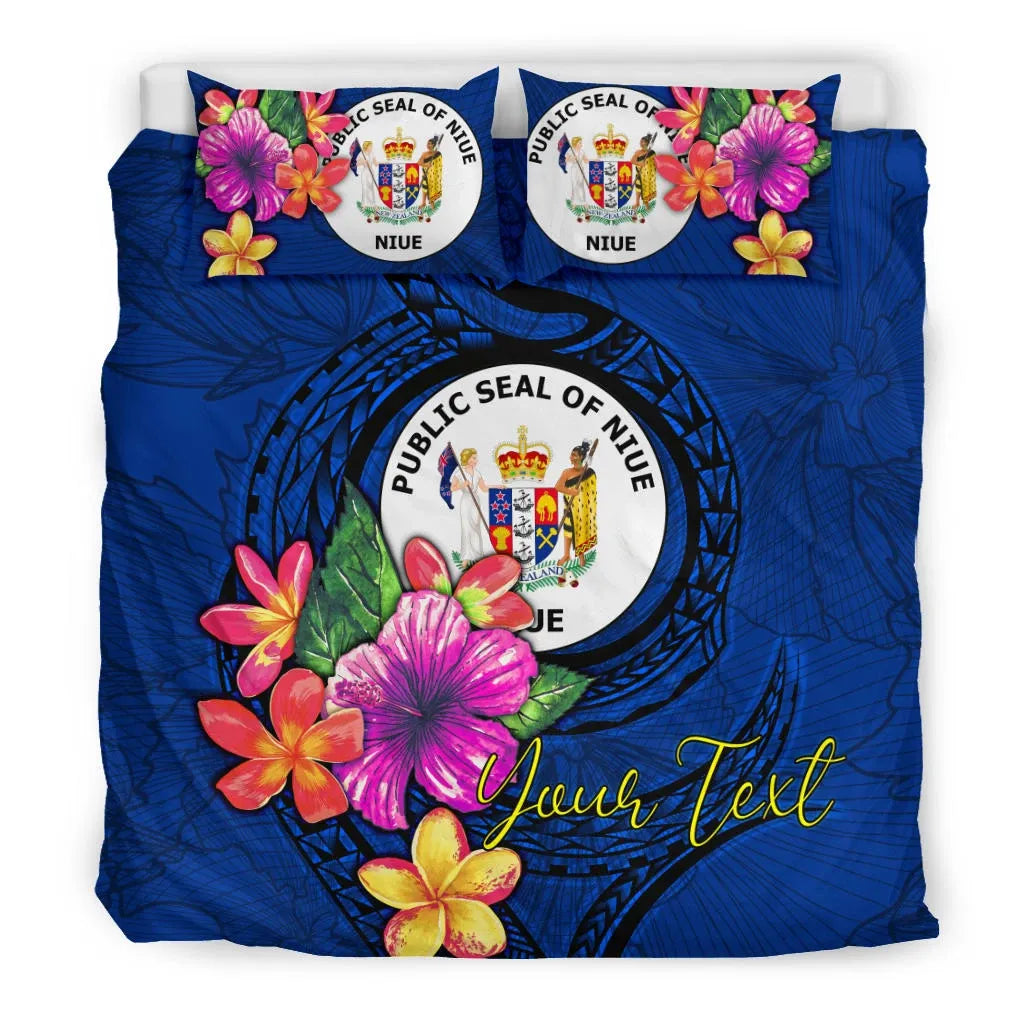 Polynesian Custom Personalised Bedding Set - Niue Duvet Cover Set Floral With Seal Blue