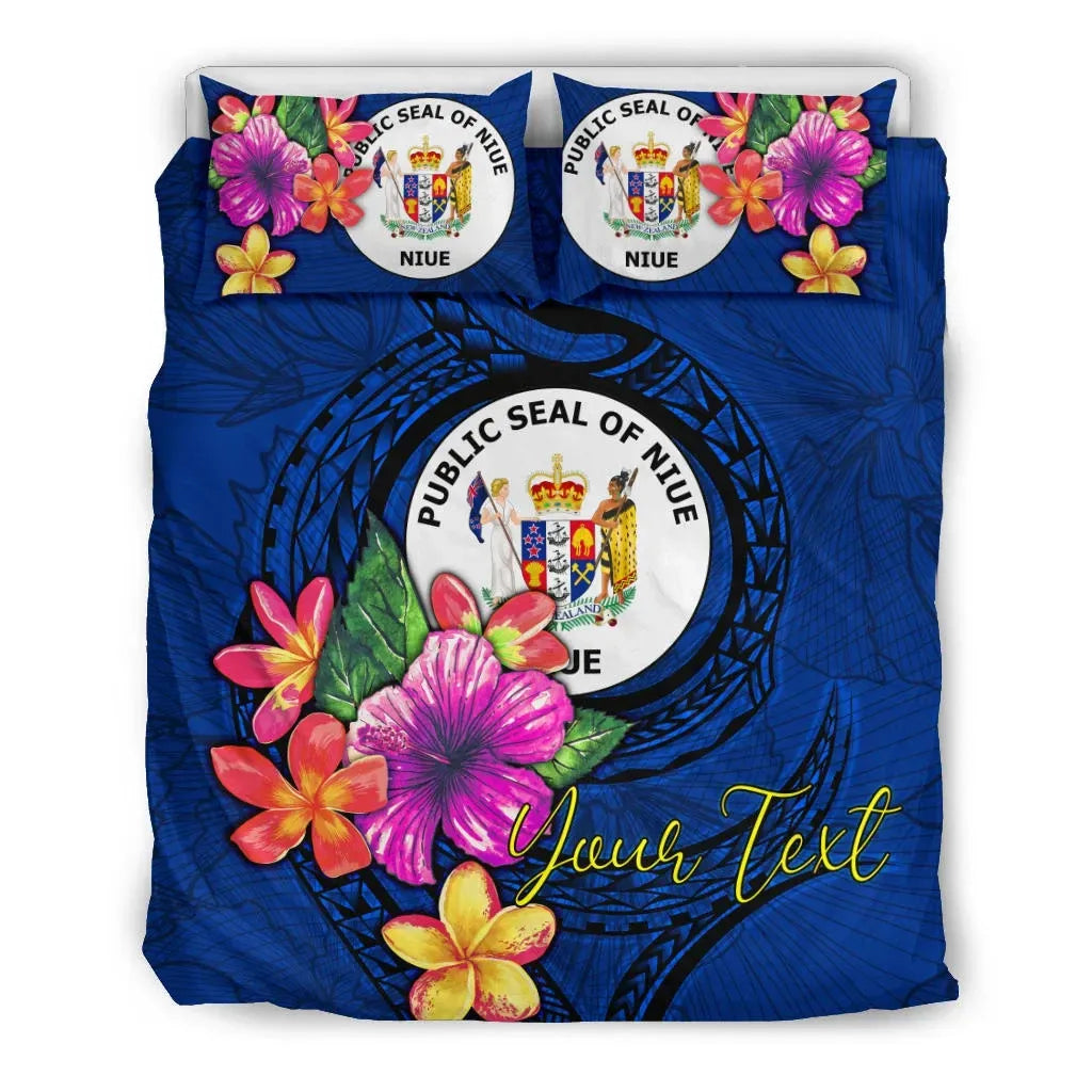 Polynesian Custom Personalised Bedding Set - Niue Duvet Cover Set Floral With Seal Blue