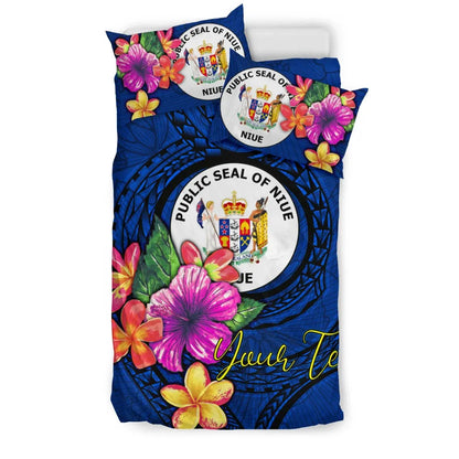 Polynesian Custom Personalised Bedding Set - Niue Duvet Cover Set Floral With Seal Blue