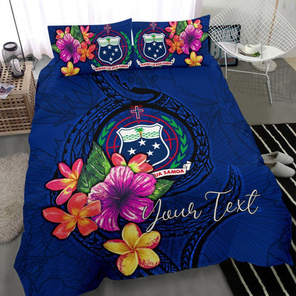 Polynesian Custom Personalised Bedding Set - Samoa Duvet Cover Set Floral With Seal Blue