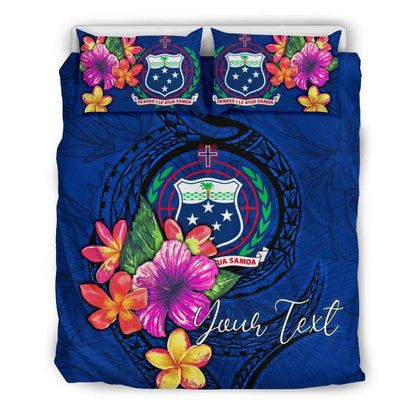 Polynesian Custom Personalised Bedding Set - Samoa Duvet Cover Set Floral With Seal Blue
