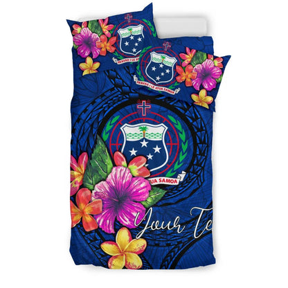 Polynesian Custom Personalised Bedding Set - Samoa Duvet Cover Set Floral With Seal Blue