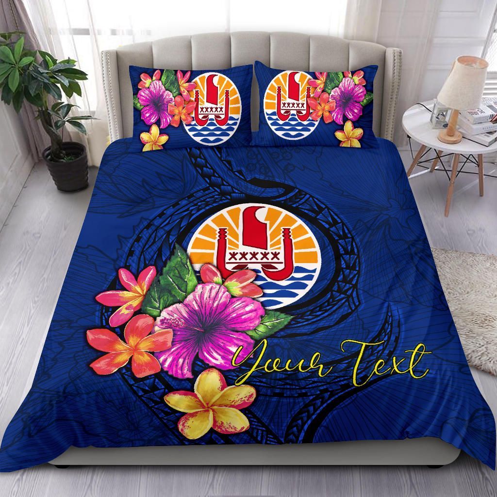 Polynesian Custom Personalised Bedding Set - Tahiti Duvet Cover Set Floral With Seal Blue