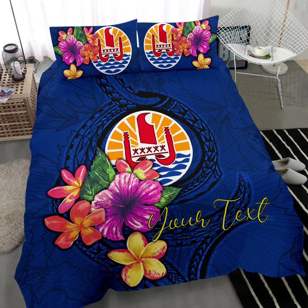 Polynesian Custom Personalised Bedding Set - Tahiti Duvet Cover Set Floral With Seal Blue