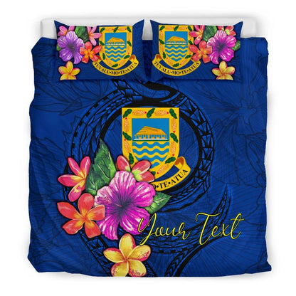Polynesian Custom Personalised Bedding Set - Tuvalu Duvet Cover Set Floral With Seal Blue