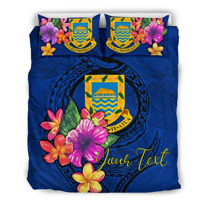 Polynesian Custom Personalised Bedding Set - Tuvalu Duvet Cover Set Floral With Seal Blue