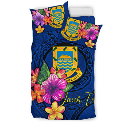 Polynesian Custom Personalised Bedding Set - Tuvalu Duvet Cover Set Floral With Seal Blue