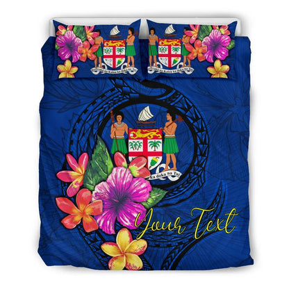 Polynesian Custom Personalised Bedding Set - Fiji Duvet Cover Set Floral With Seal Blue