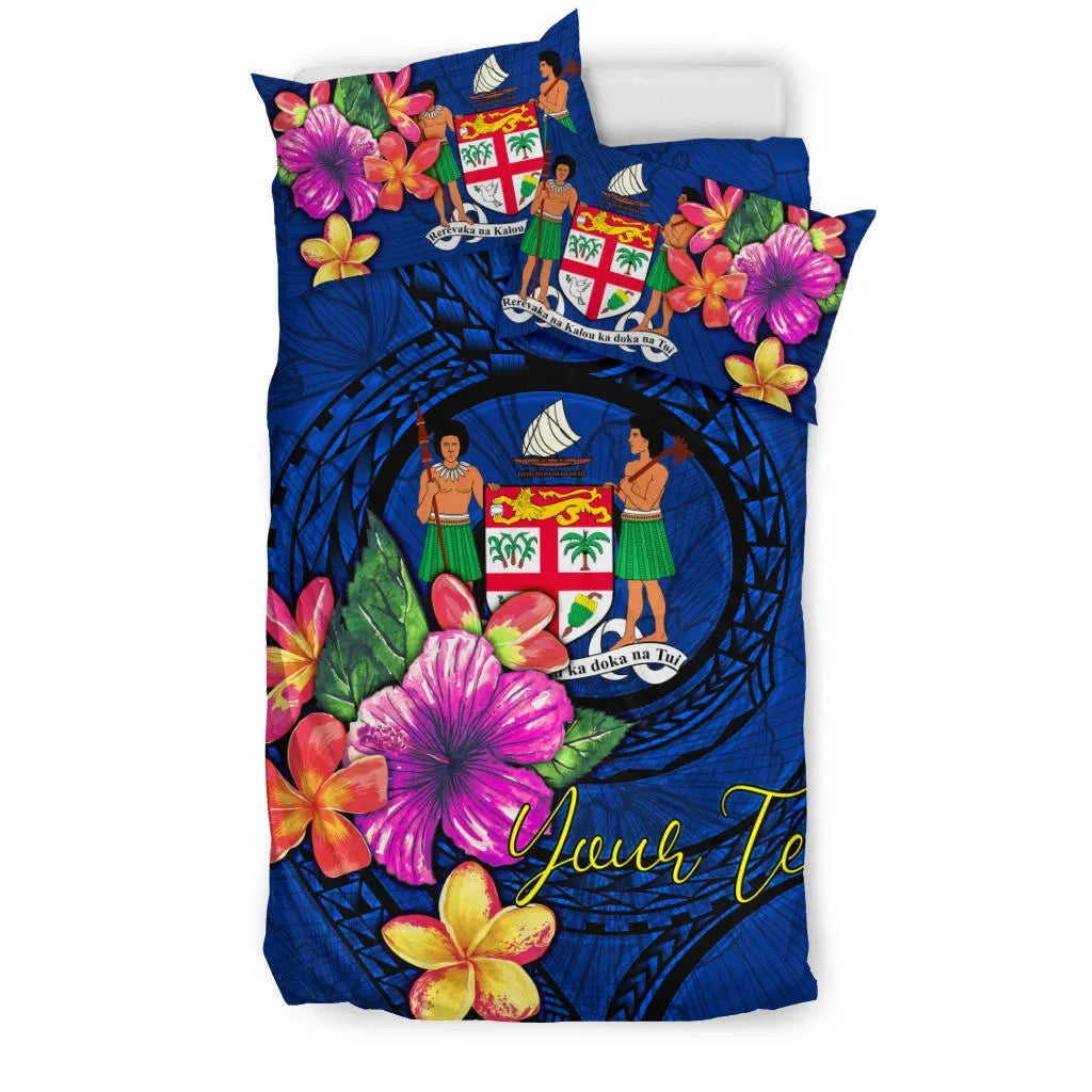 Polynesian Custom Personalised Bedding Set - Fiji Duvet Cover Set Floral With Seal Blue