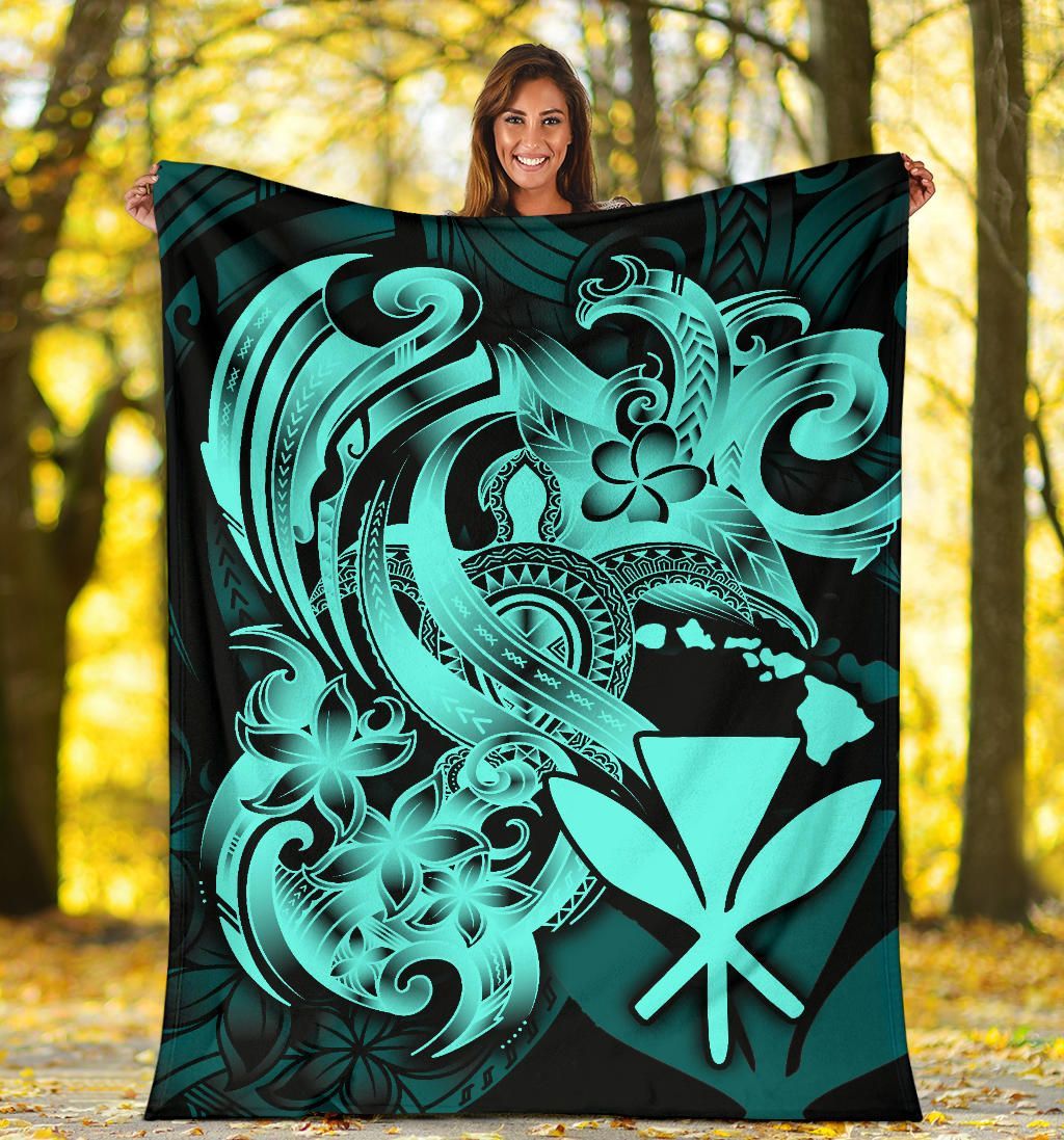 Polynesian Hawaii All Over Premium Blanket - Kanaka Maoli Blue Turtle