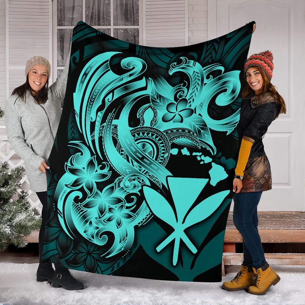 Polynesian Hawaii All Over Premium Blanket - Kanaka Maoli Blue Turtle