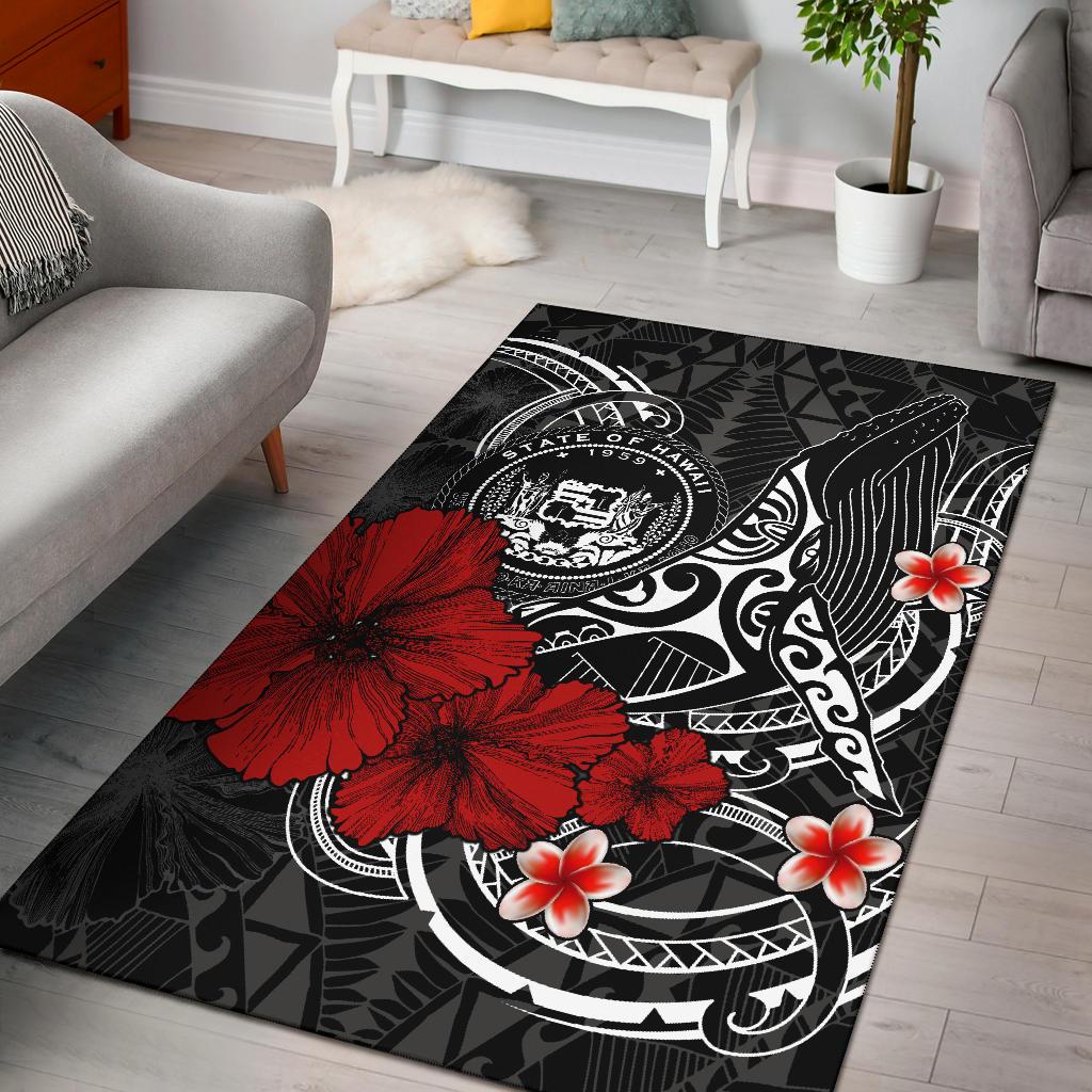 Polynesian Hawaii Area Rug - Humpback Whale with Hibiscus (White)