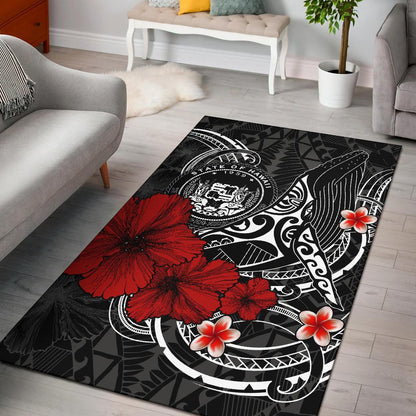 Polynesian Hawaii Area Rug - Humpback Whale with Hibiscus (White)