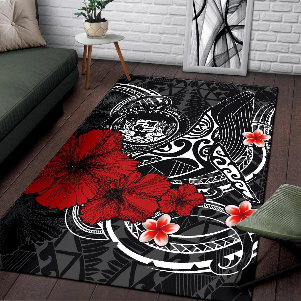 Polynesian Hawaii Area Rug - Humpback Whale with Hibiscus (White)