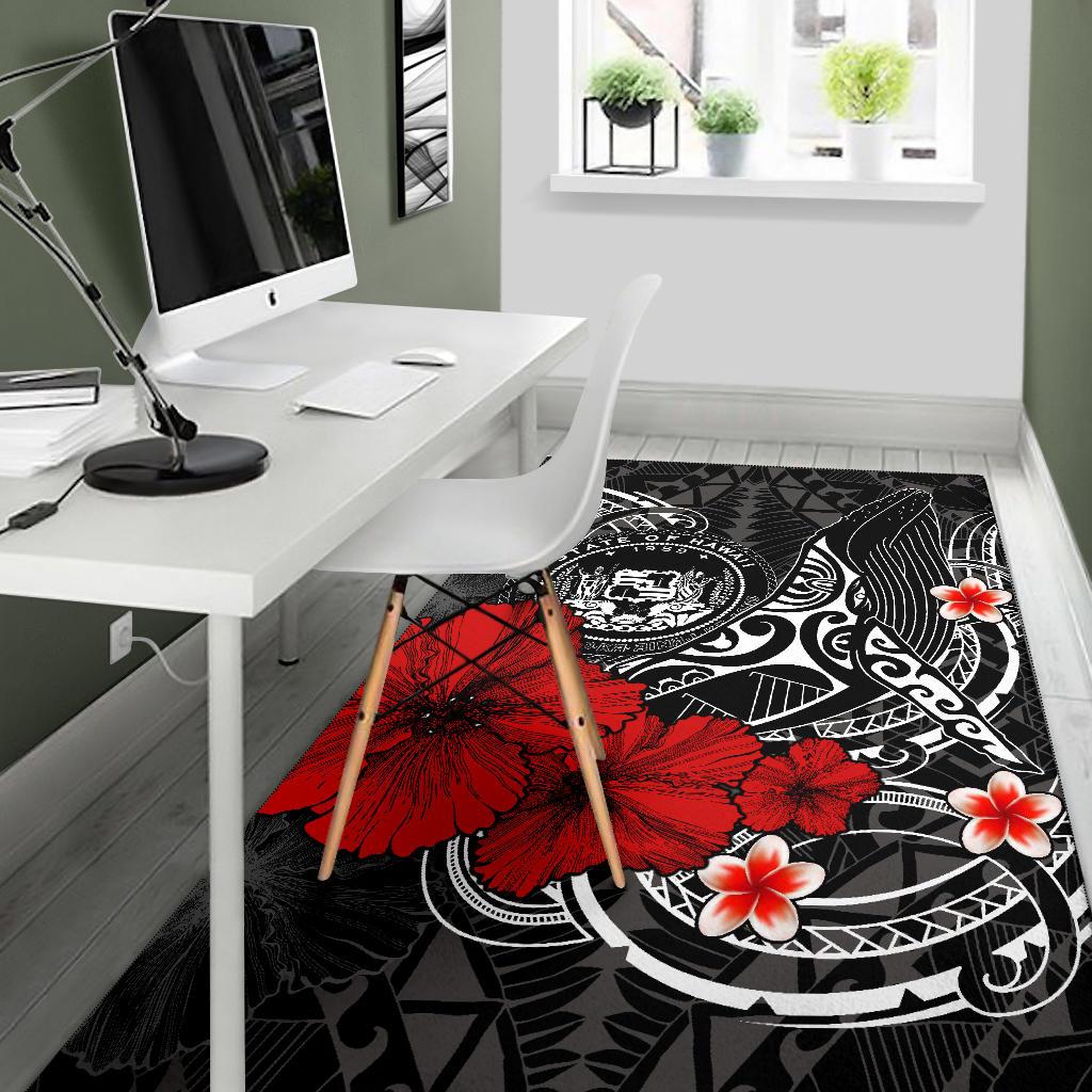 Polynesian Hawaii Area Rug - Humpback Whale with Hibiscus (White)