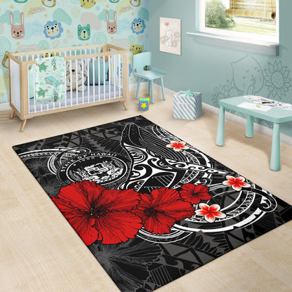 Polynesian Hawaii Area Rug - Humpback Whale with Hibiscus (White)