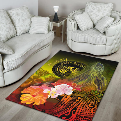 Polynesian Hawaii Area Rug - Humpback Whale with Tropical Flowers (Yellow)
