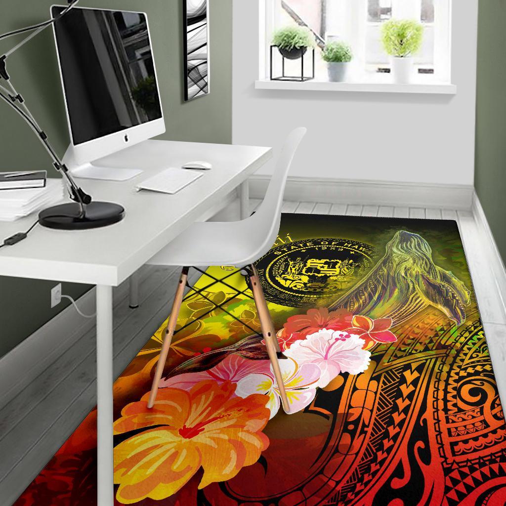 Polynesian Hawaii Area Rug - Humpback Whale with Tropical Flowers (Yellow)