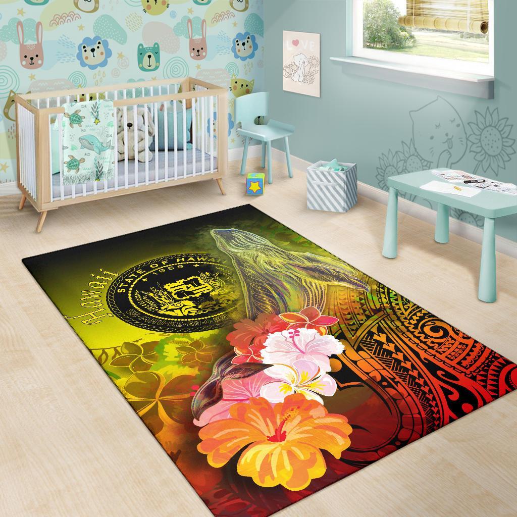 Polynesian Hawaii Area Rug - Humpback Whale with Tropical Flowers (Yellow)