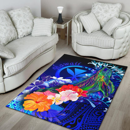 Polynesian Hawaii Area Rug - Kanaka Maoli Humpback Whale with Tropical Flowers (Blue)