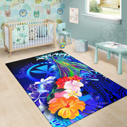 Polynesian Hawaii Area Rug - Kanaka Maoli Humpback Whale with Tropical Flowers (Blue)
